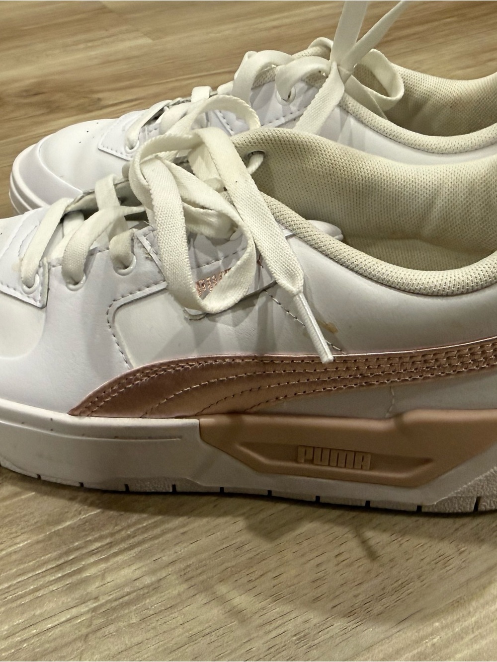 Puma Kids White Sneakers with Blush Pink Heel Accent